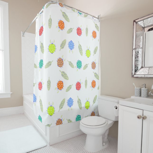 Cute bug and leaves seamless pattern shower curtain (In Situ)
