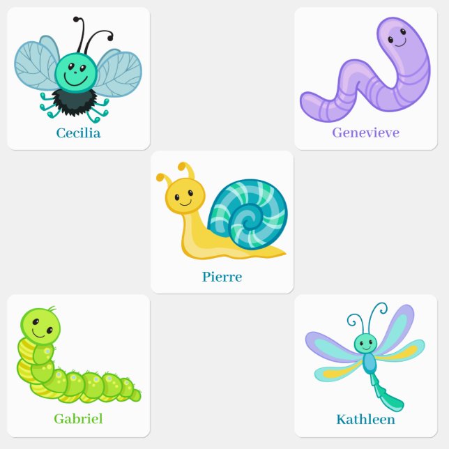 Cute bug earthworm snail dragonfly bee personalize kids' labels (Group)