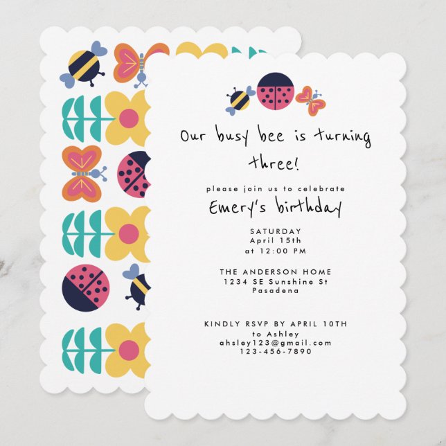Cute Bug Garden Busy Bee Third Birthday Party Invitation (Front/Back)