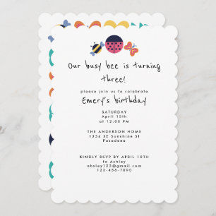 Cute Bug Garden Busy Bee Third Birthday Party Invitation
