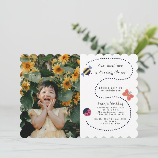 Cute Bug Garden BusyBee Third Birthday Party Photo Invitation (Standing Front)