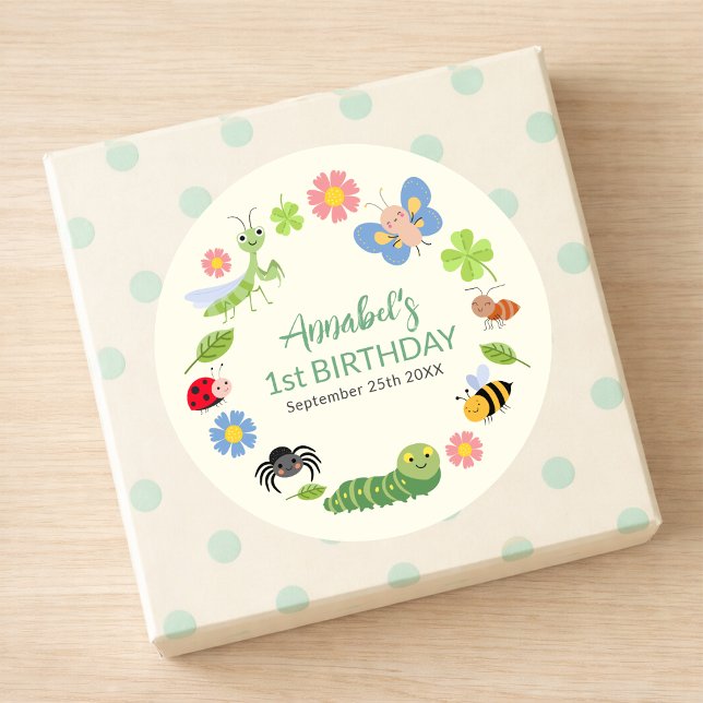 Cute Bug Ladybug Buttefly Kids 1st Birthday  Classic Round Sticker (Creator Uploaded)
