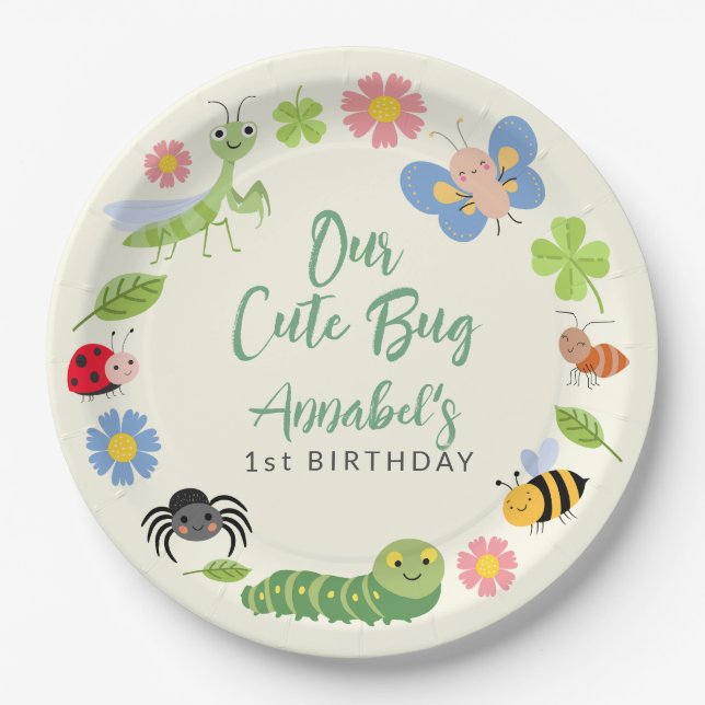 Cute Bug Ladybug Buttefly Kids 1st Birthday  Paper Plates (Front)
