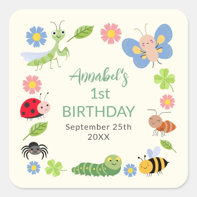 Cute Bug Ladybug Buttefly Kids 1st Birthday  Square Sticker (Front)