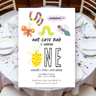 Cute Bug Worm Buttefly Kids 1st Birthday Party Invitation