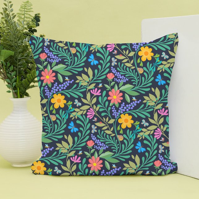 Cute Bugs Funny Girly Floral Spring Summer Pattern Throw Pillow (Creator Uploaded)