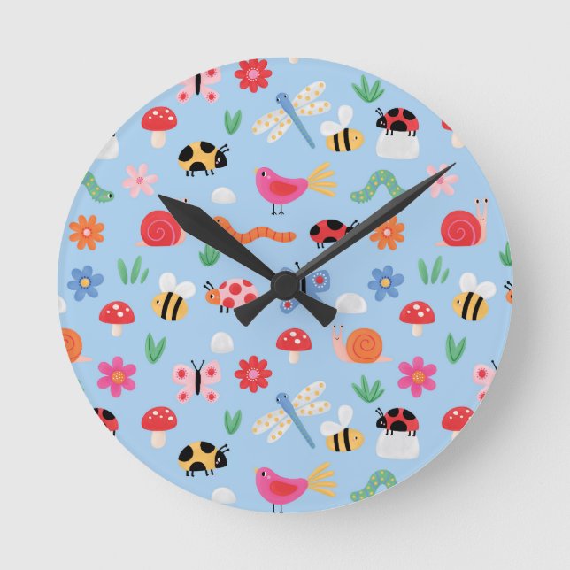 Cute Bugs Kids Wall Clock – Ladybirds, Bees & Natu (Front)