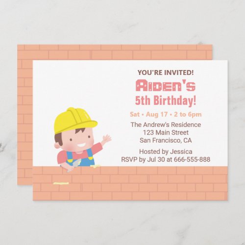 Cute Builder Boy Construction Theme Birthday Party Invitation