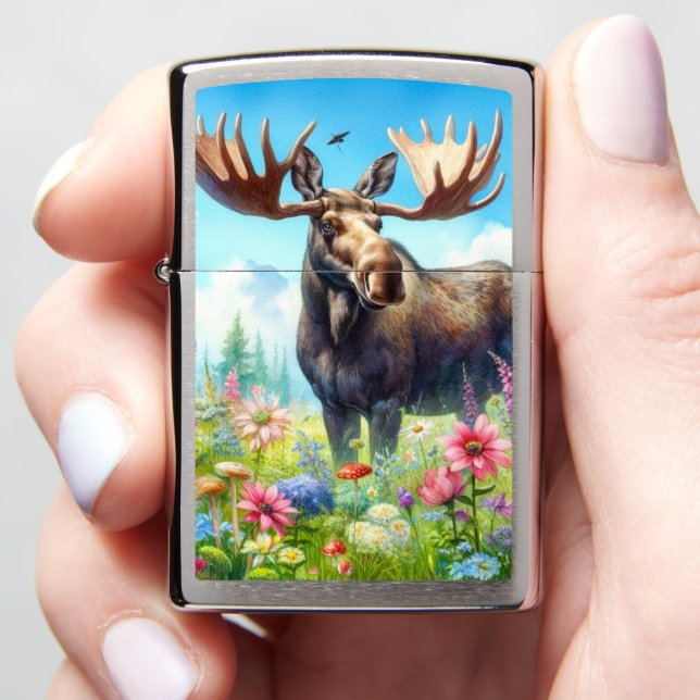 Cute Bull Moose and Wildflowers Zippo Lighter (In Hand)
