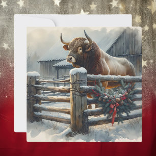 Cute Bull on a Rustic Farm Christmas Holiday Card