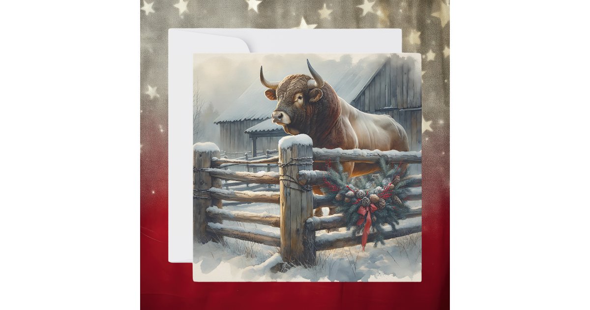 Cute Bull on a Rustic Farm Christmas Holiday Card | Zazzle
