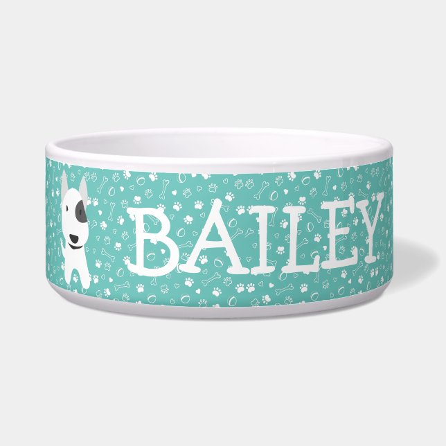 Cute Bull Terrier Dog Customizable Name Bowl (Front)