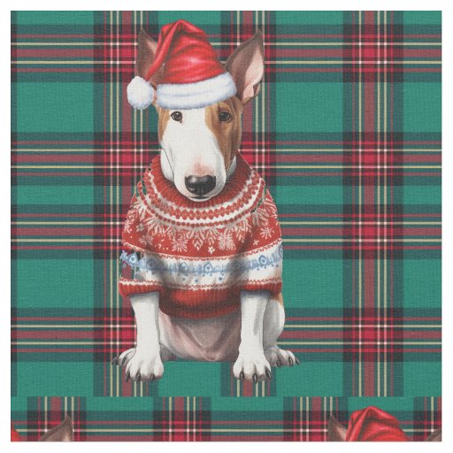 Cute Bull Terrier Dog Holiday Plaid Christmas Fabric