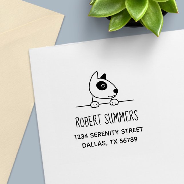 Cute Bull Terrier Dog Peeking above Address Self-inking Stamp (Creator Uploaded)