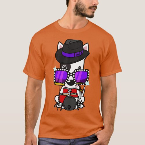 Cute Bull Terrier jamming on the drums T_Shirt
