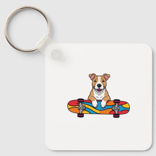 Cute Bull Terrier on a Skateboard Keychain (Front)