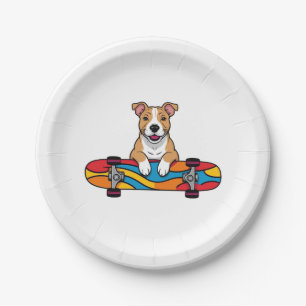 Cute Bull Terrier on a Skateboard Paper Plates