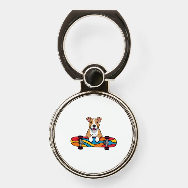 Cute Bull Terrier on a Skateboard Phone Ring Stand (Front)
