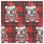 Cute Bulldog and Red Holiday Plaid Christmas Fabric