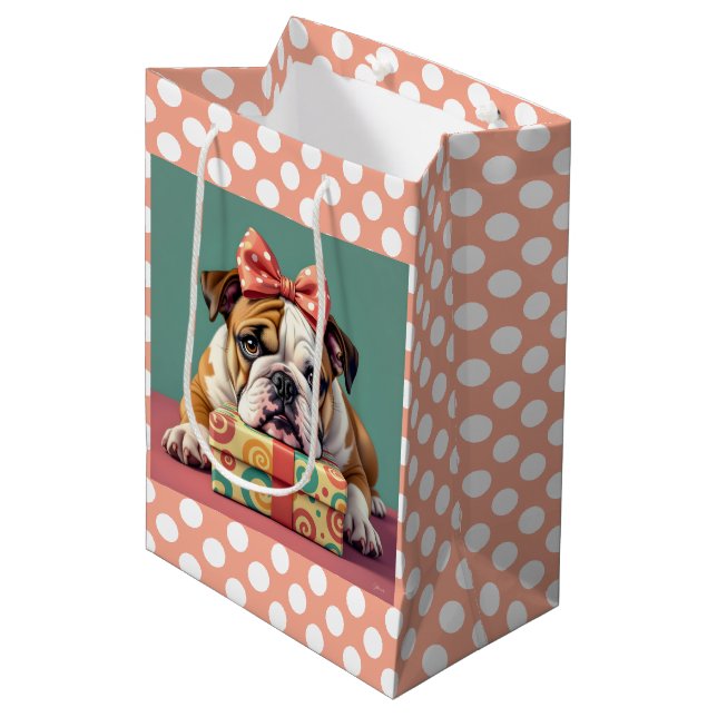 Cute Bulldog Birthday Polka Dot Medium Gift Bag (Front Angled)
