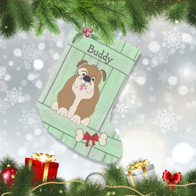 Cute Bulldog Dog Green Wooden Fence Monogram Small Christmas Stocking (Creator Uploaded)