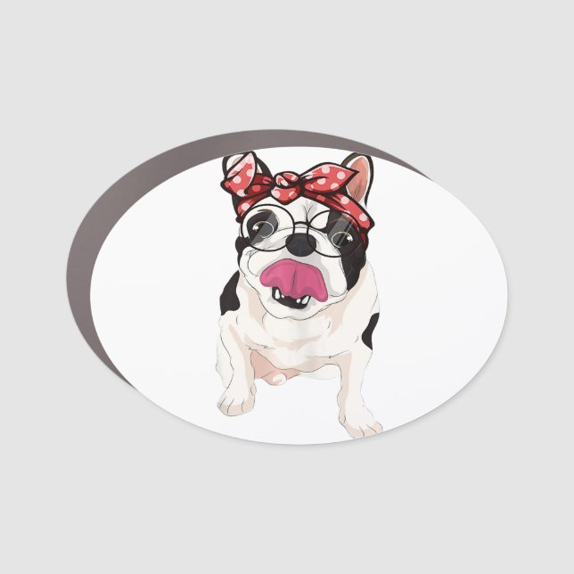 Cute Bulldog Glasses Bandana Car Magnet (Front)