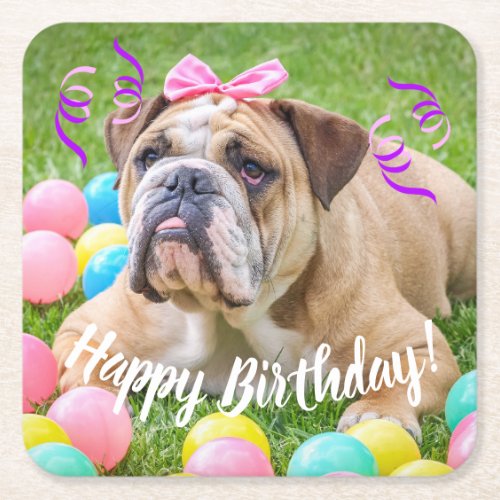 Cute Bulldog Happy Birthday Square Paper Coaster