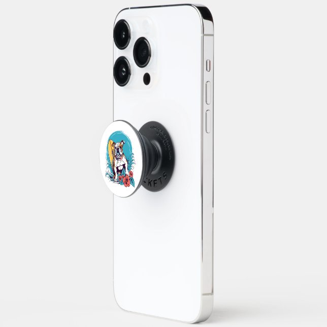 Cute bulldog on a surfboard with flowers accent PopSocket (Open)