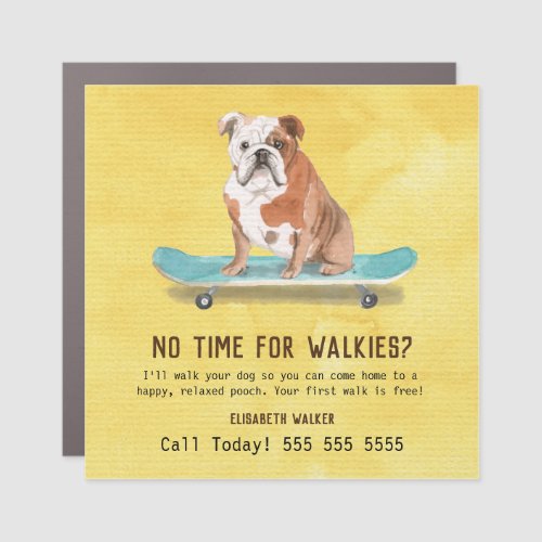 Cute Bulldog on Skateboard Yellow Dog Walker Car Magnet