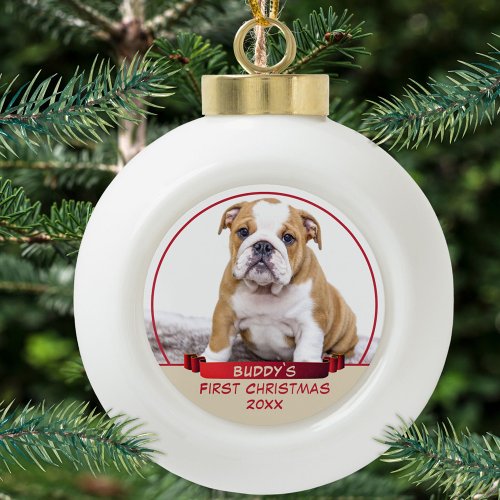 Cute Bulldog Puppy 1st Christmas Pet Photo Ceramic Ball Christmas Ornament