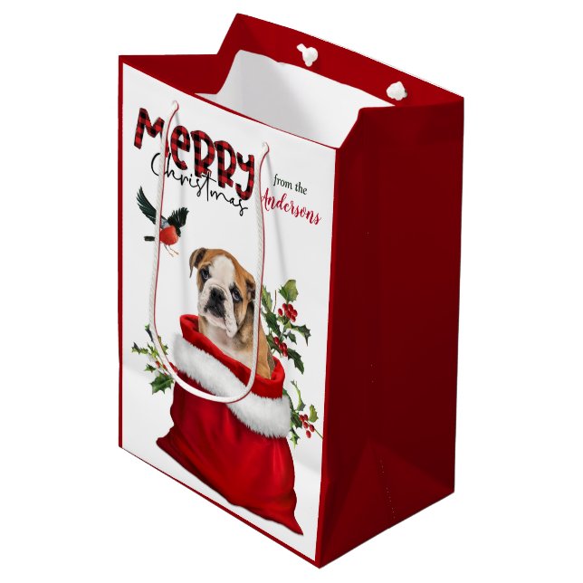 Cute Bulldog Puppy Christmas Medium Gift Bag (Front Angled)