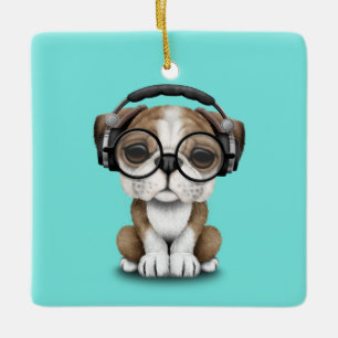Cute Bulldog Puppy Dj Wearing Headphones Ceramic Ornament
