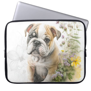 CUTE BULLDOG PUPPY DOG AND WILDFLOWERS LAPTOP SLEEVE