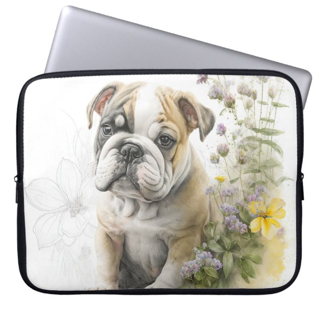 CUTE BULLDOG PUPPY DOG AND WILDFLOWERS LAPTOP SLEEVE (Front)