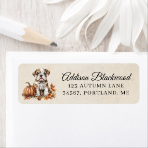 Cute Bulldog Puppy Fall Leaves and Pumpkin Return Label