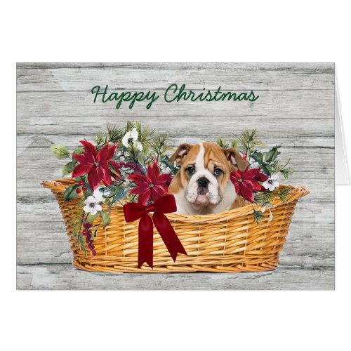 Cute Bulldog Puppy in Basket Christmas Card