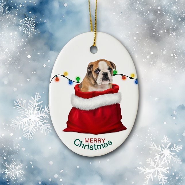 Cute Bulldog Puppy in Holiday Gift Bag Ceramic Ornament (Creator Uploaded)