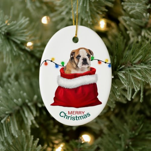 Cute Bulldog Puppy in Holiday Gift Bag Ceramic Ornament