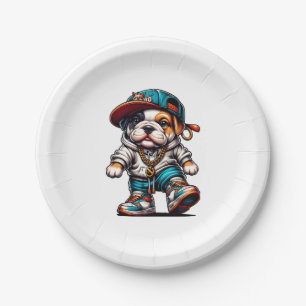 Cute Bulldog Puppy in Streetwear Party Design Paper Plates
