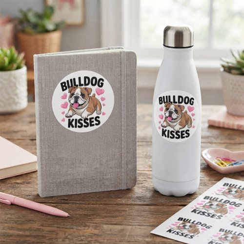Cute Bulldog Puppy Kisses Pink Heart Dog Mom Love  Classic Round Sticker