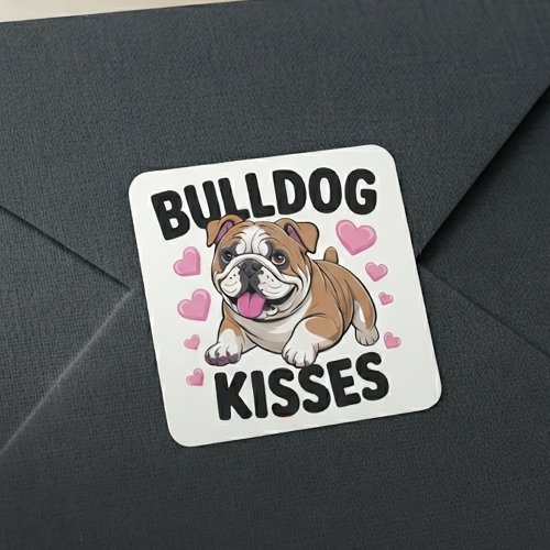 Cute Bulldog Puppy Kisses Pink Heart Dog Mom Love  Square Sticker