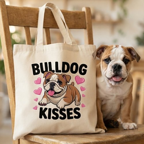 Cute Bulldog Puppy Kisses Pink Heart Dog Mom Love  Tote Bag