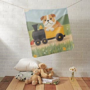 Cute Bulldog Puppy Toy Train Pastel Baby Blanket