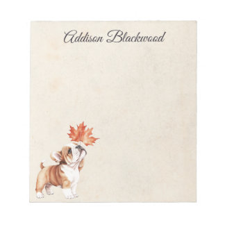 Cute Bulldog Puppy with a Fall Leaf Personalized Notepad