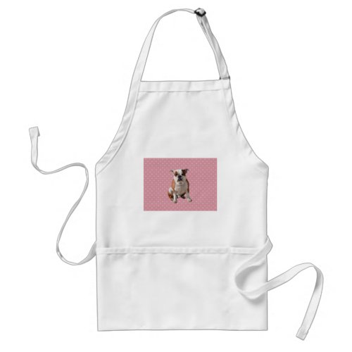 Cute Bulldog with pink Polka Dots background Adult Apron