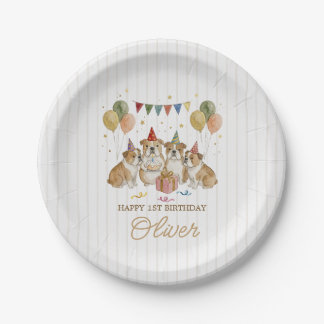 Cute Bulldogs Wearing Party Hats Birthday Paper Plates