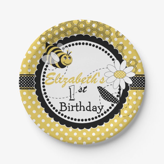 Cute Bumble Bee 1st Birthday Party Paper Plates (Front)