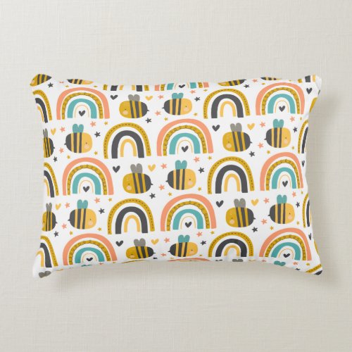 Cute Bumble Bee and Rainbows Pattern Accent Pillow