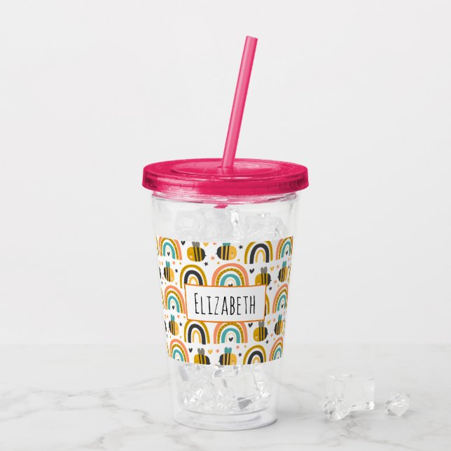 Cute Bumble Bee and Rainbows Pattern Acrylic Tumbler (Back Ice)