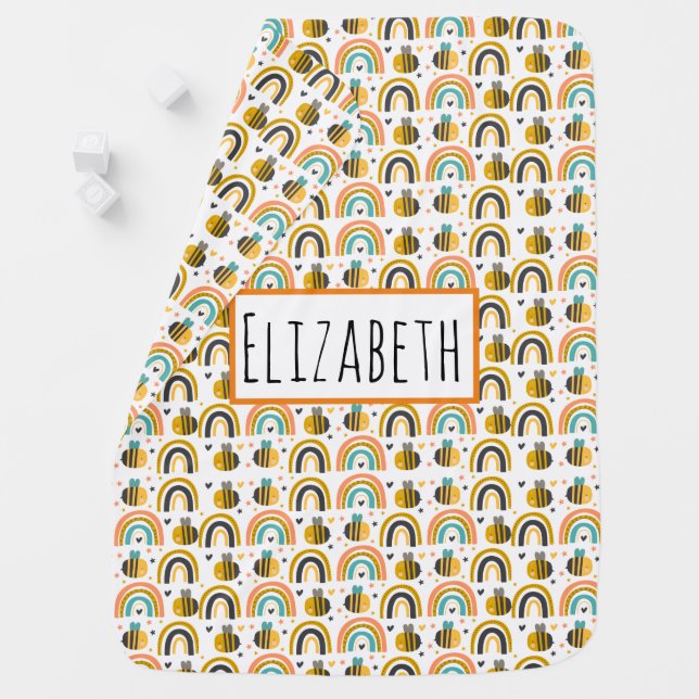 Cute Bumble Bee and Rainbows Pattern Baby Blanket (In Situ)